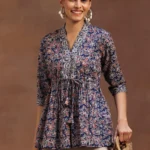 Blue Printed Cotton A-Line Kurti