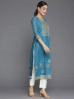 Blue Embellished Chanderi Silk Straight Kurta - Image 3