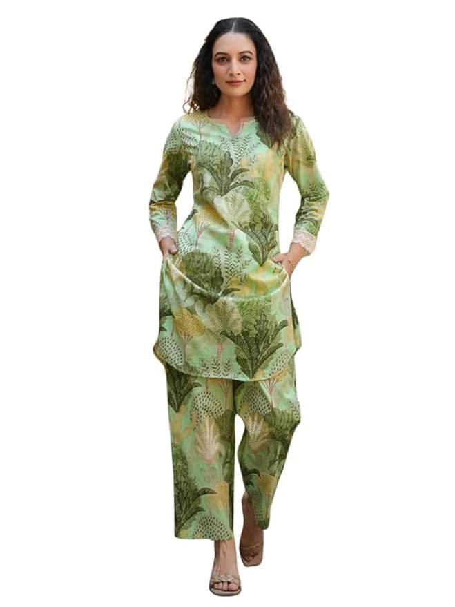 61eFycJgO0L._SY879_-1.jpg Ethnic Cotton Blend Co Ord Set | Casual Wear Pant Top Set | Fancy Co-Ord Set | Full Pair Set | Women Kurta Sets Kurtis | Women Kurta Pant Set | Coord Sets for Women | Green Top Pant Set - Image 1